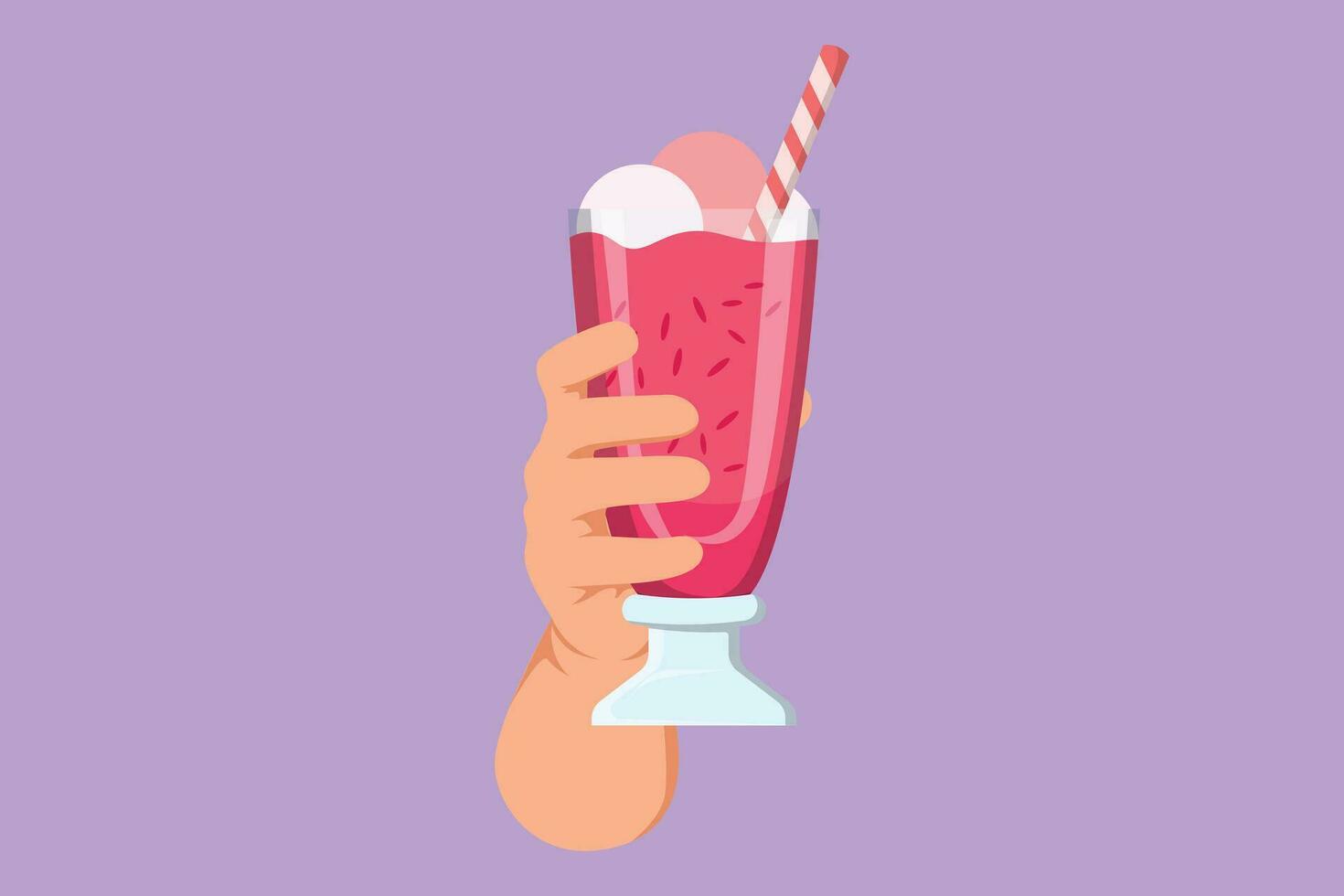 Character flat drawing of stylized human hand holds glass milkshake with whipped cream. Cold soft drink for summer. Sweet frozen beverage. Tasty and yummy fast food. Cartoon design vector illustration