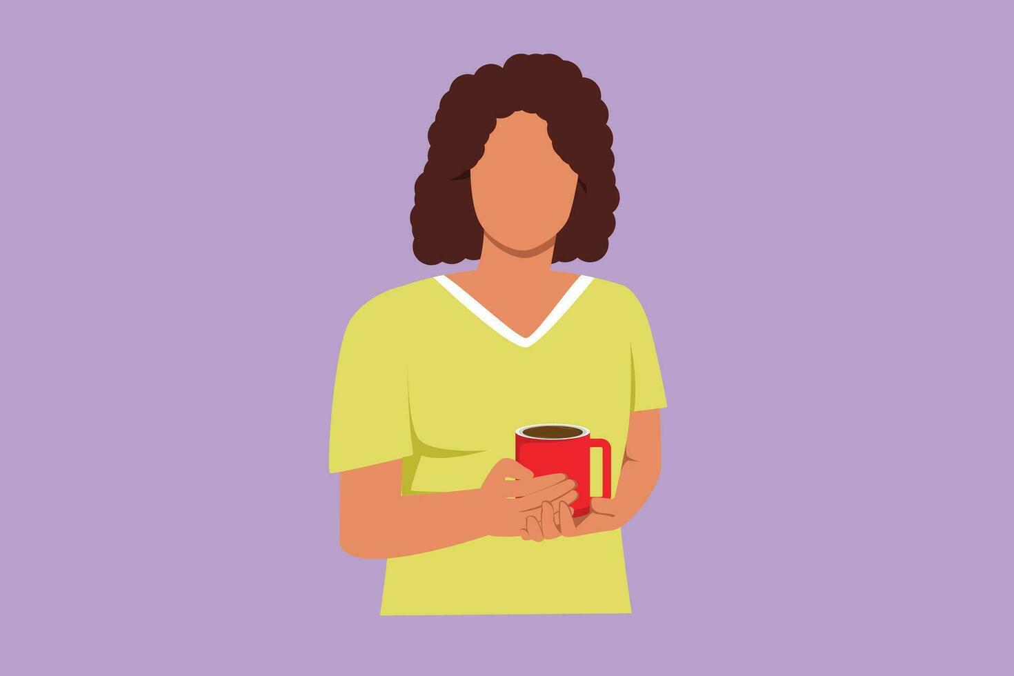 Character flat drawing attractive business woman in her office holding mug of coffee. Beautiful female holding coffee mug enjoying work from home office logo, icon. Cartoon design vector illustration