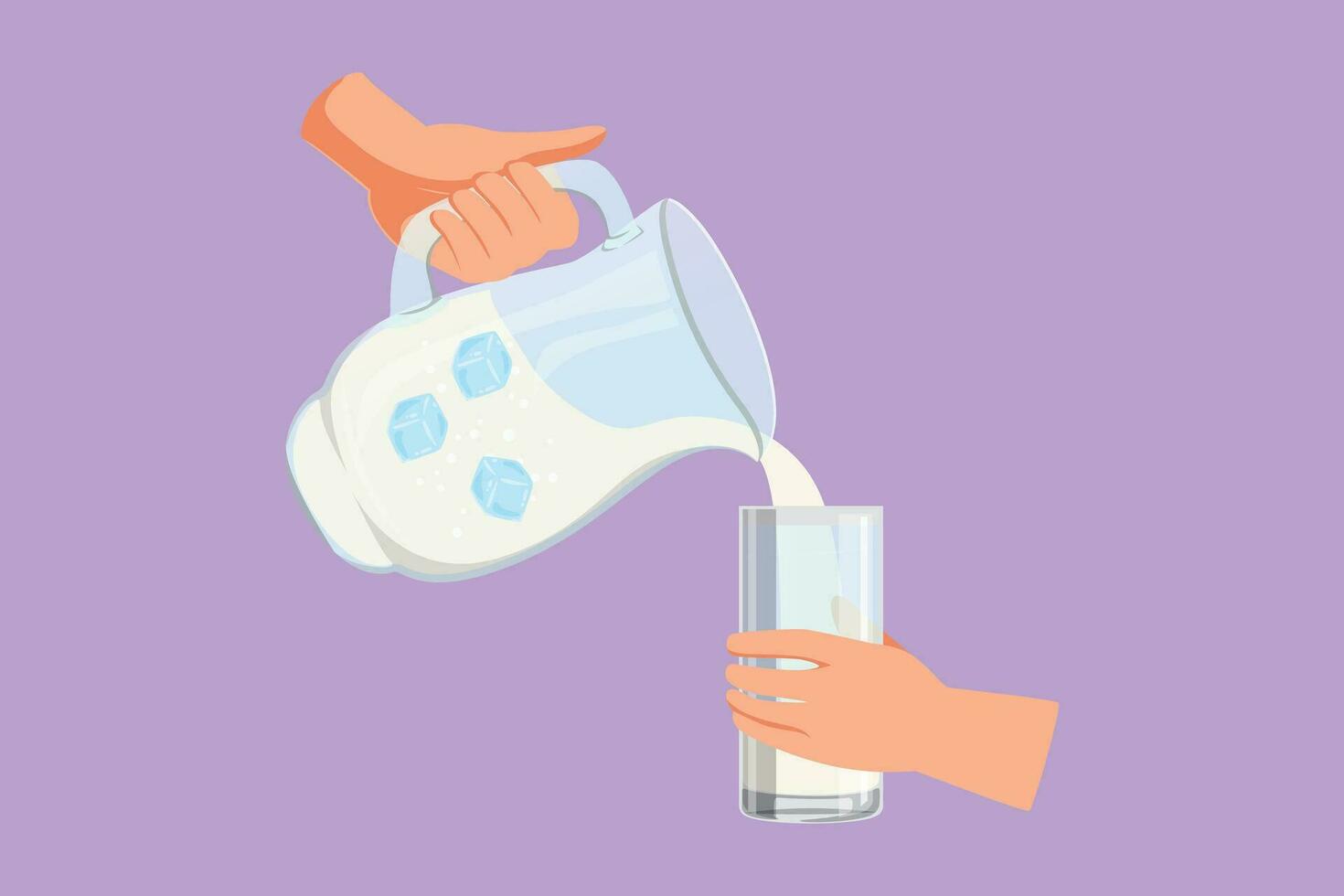 gráfico plano diseño dibujo estilizado humano mano torrencial Fresco agua desde jarra con hielo dentro vaso. salpicaduras y torrencial puro agua agua en vaso desde lanzador símbolo. dibujos animados estilo vector ilustración