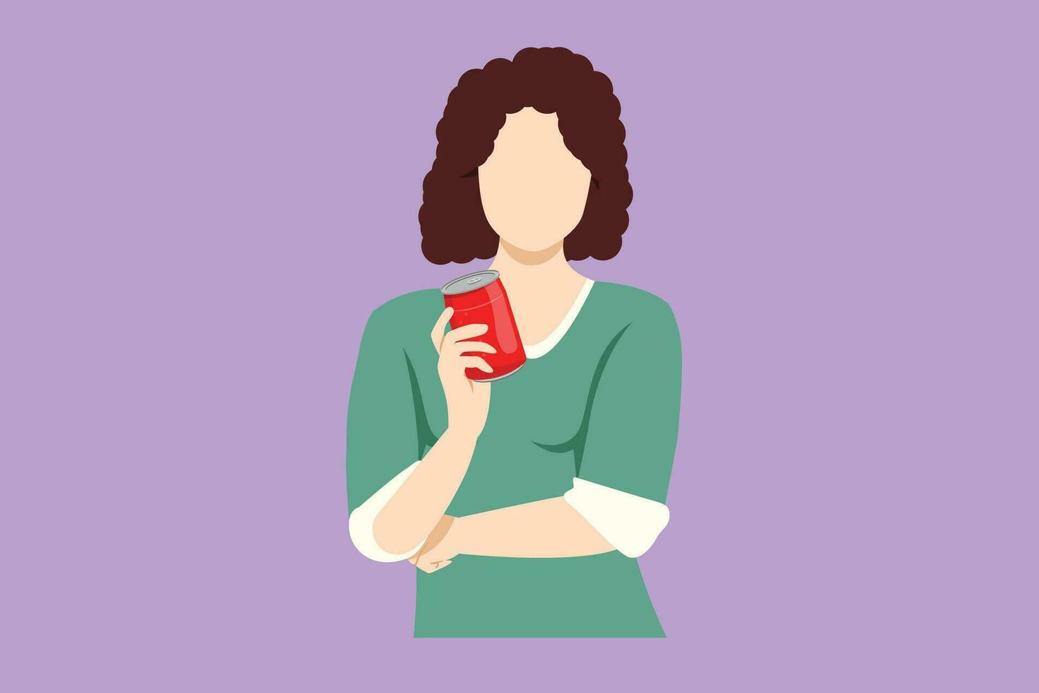 Graphic flat design drawing beauty woman with her hand showing soda refreshment a can sitting on couch in living room at home. Girl holding energy drink logo, icon. Cartoon style vector illustration