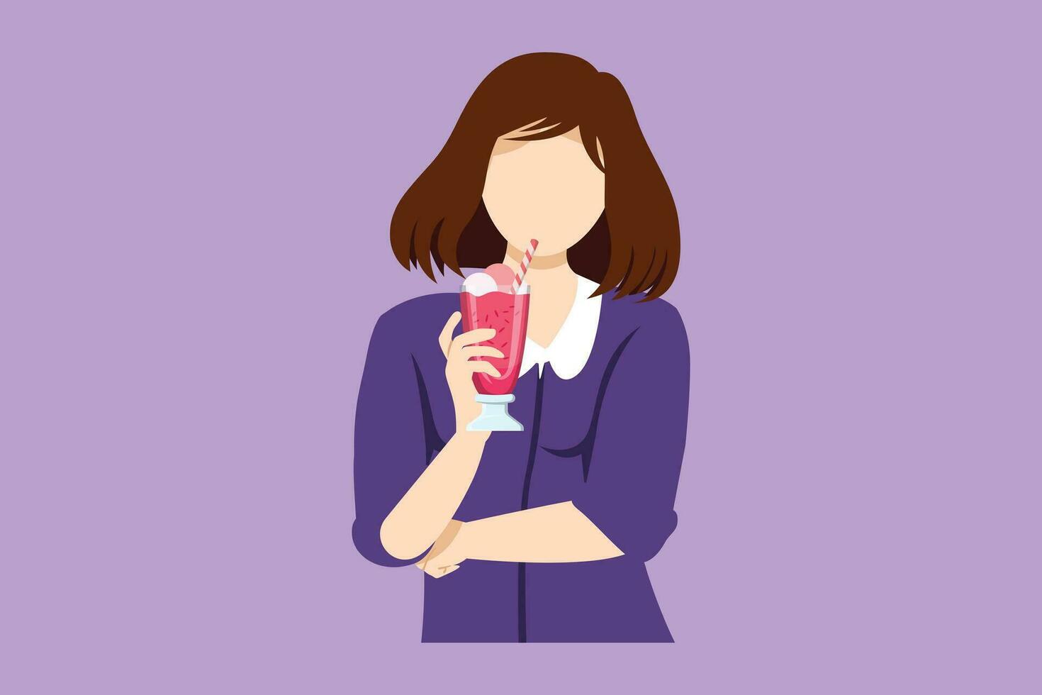 Cartoon flat style drawing young business woman holding glass of milkshake in office. Attractive lady having break at work and drink milkshake with slice of orange. Graphic design vector illustration