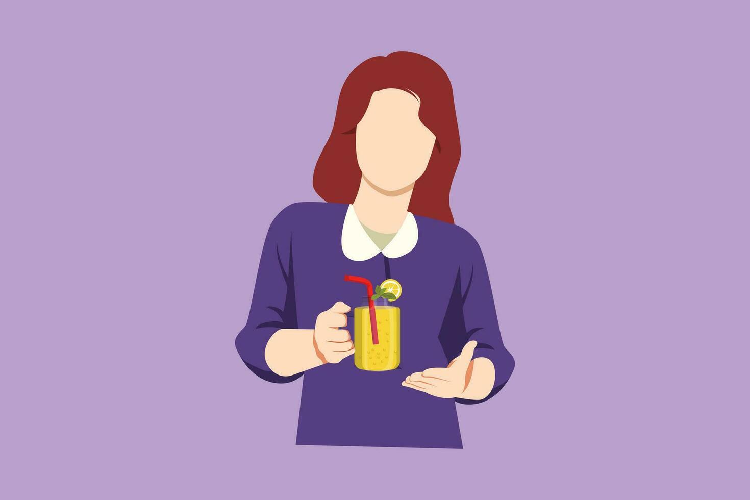 Graphic flat design drawing pretty woman holds and show mug of lemonade with ice in hand. Young beauty girl wearing shirt having morning breakfast with orange juice. Cartoon style vector illustration