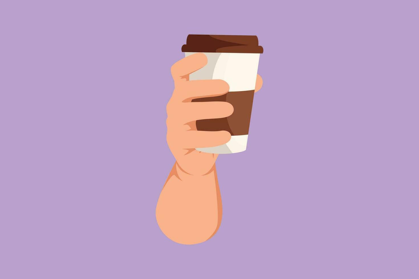 Graphic flat design drawing human hand holding disposable paper cup of hot coffee or tea. Hand holding reusable mug of hot chocolate. Zero waste concept for beverage. Cartoon style vector illustration