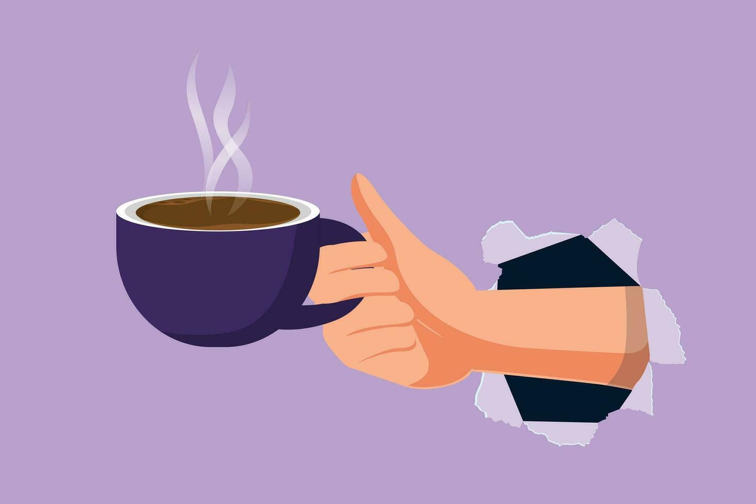 Cartoon flat style drawing of right man's hand hold white cup with coffee or tea. Torn hole in blue paper or hole, copy space. Concept of lunch break at work, lunch. Graphic design vector illustration