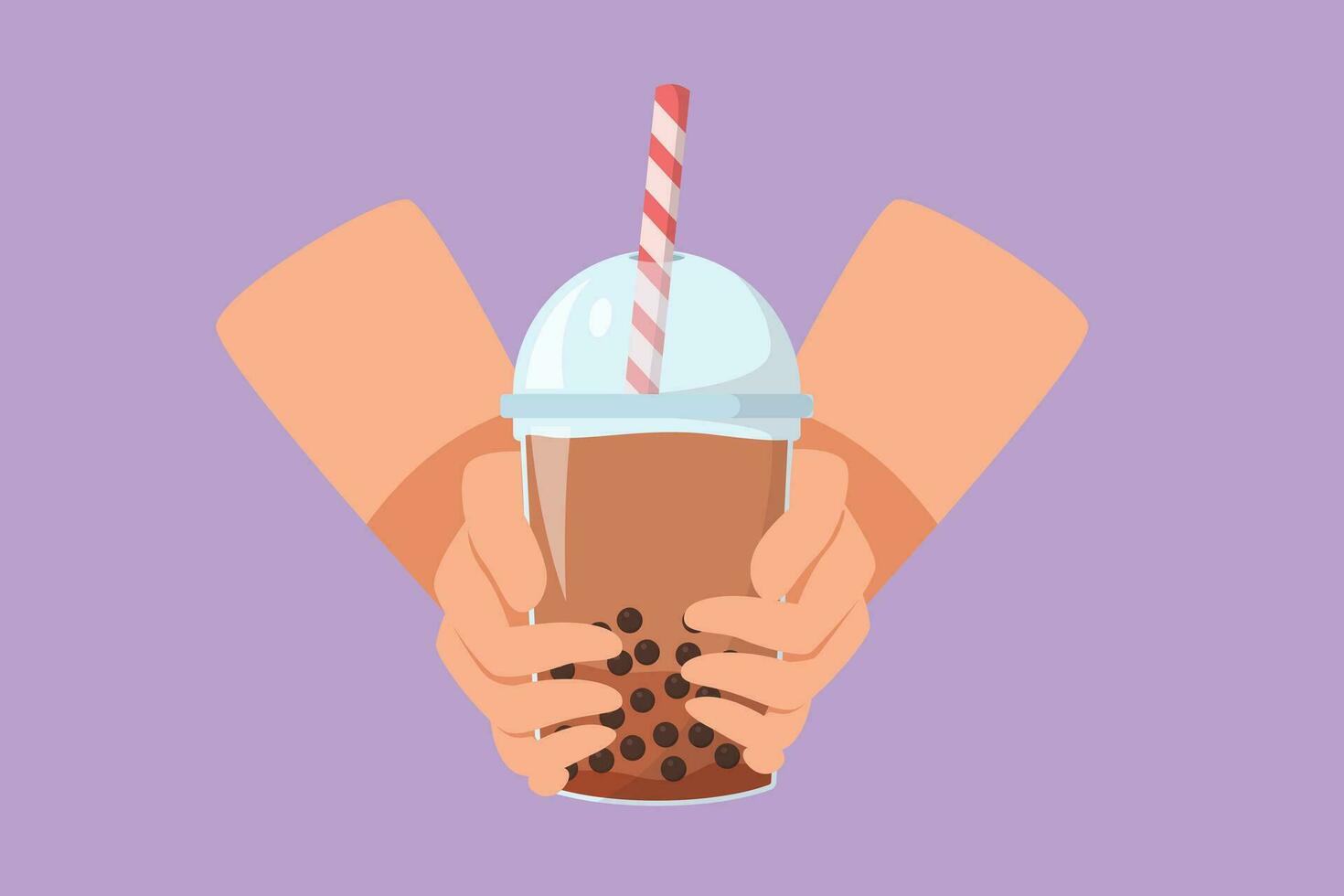 Character flat drawing stylized hands person holding drinking brown sugar flavor tapioca pearl bubble milk tea with glass straw in night market of Taiwan logo, icon. Cartoon design vector illustration