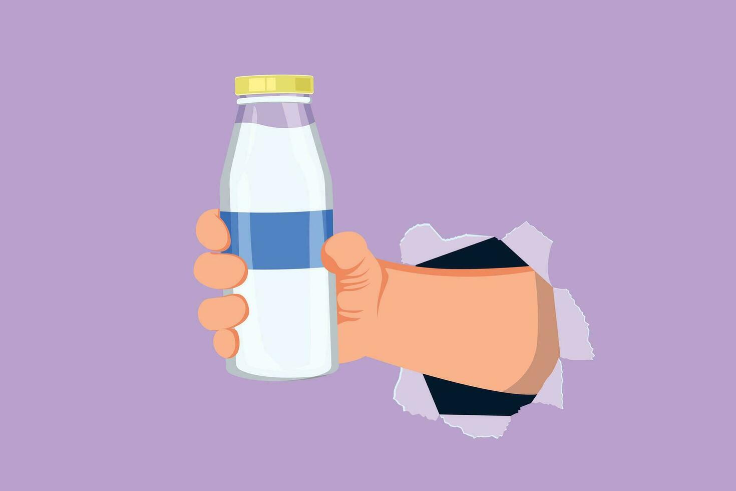 Graphic flat design drawing hand holding fresh milk on bottle glass packaging healthy drink product through torn blue paper or hole. Fresh milk for health food logo. Cartoon style vector illustration