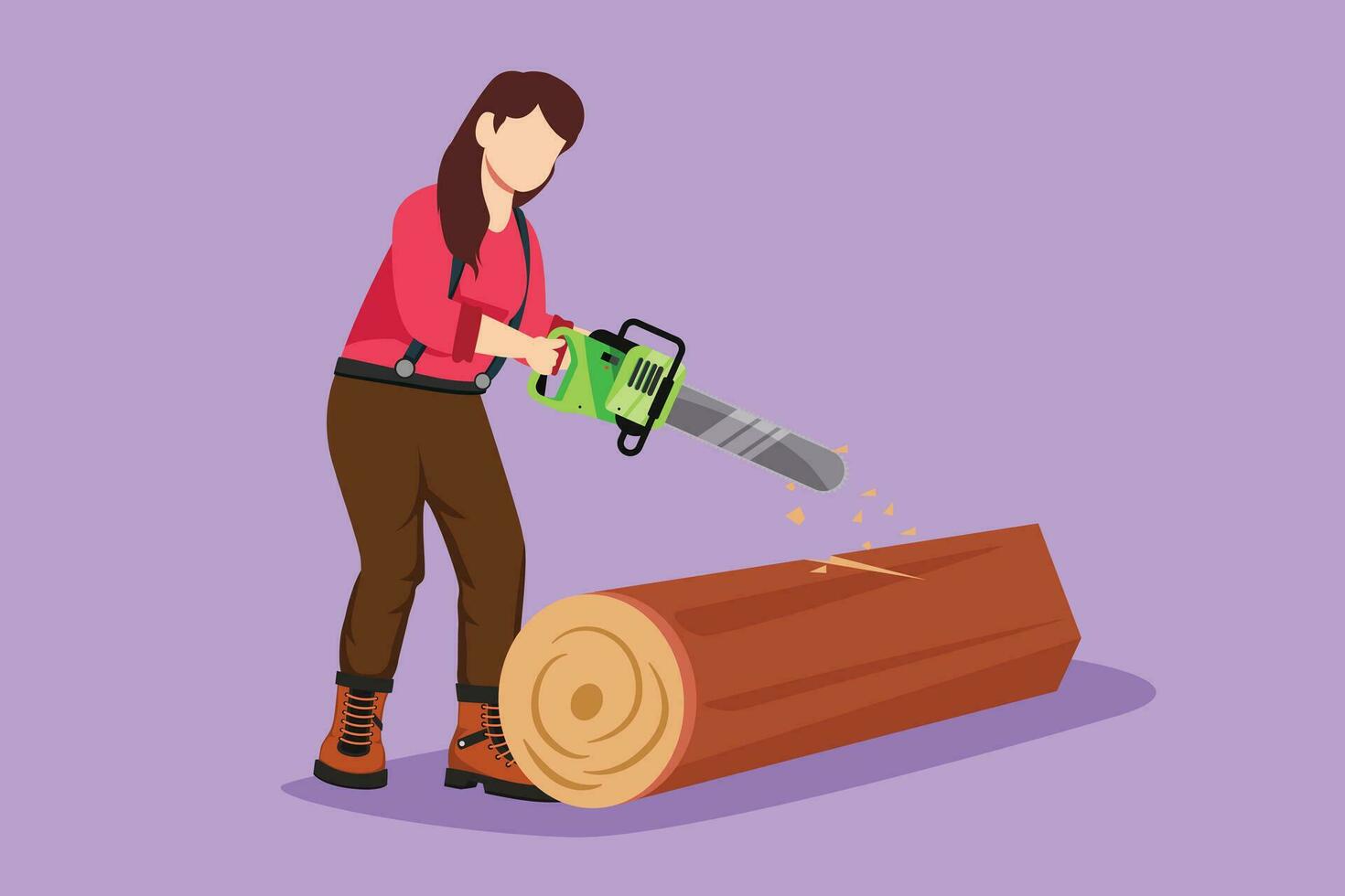 gráfico plano diseño dibujo de madera industria trabajador con motosierra laboral. mujer registrador aserradura Iniciar sesión en bosque. niña leñador cortar madera madera, leñador ocupación. dibujos animados estilo vector ilustración