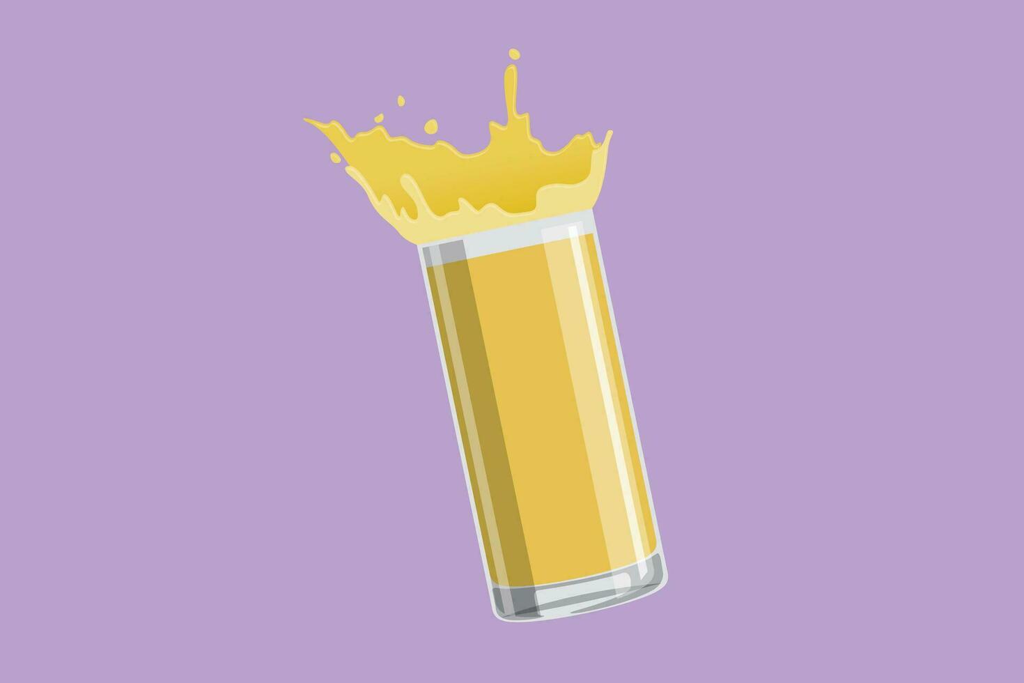 Character flat drawing glass of spilling juice with splash. Glass of splashing fresh orange juice. Splash refreshment orange juice from glass logo icon label symbol. Cartoon design vector illustration