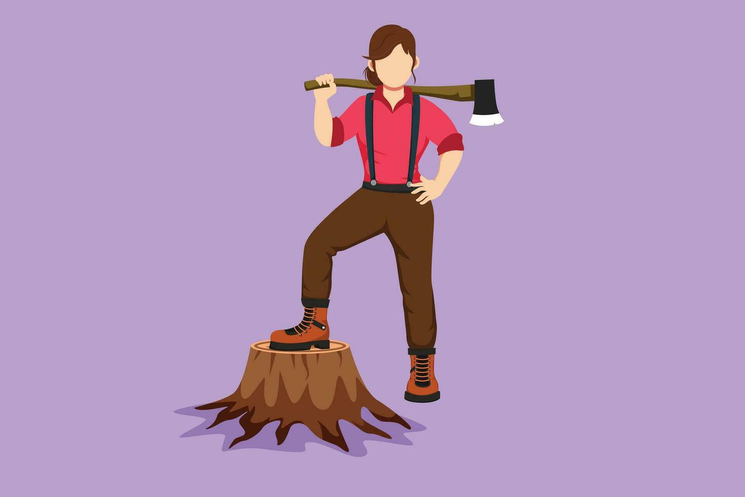 dibujos animados plano estilo dibujo bonito mujer leñador vistiendo camisa, vaqueros, botas. participación en su hombro un hacha posando con uno pie en árbol tocón. fuerte niña con hacha. gráfico diseño vector ilustración