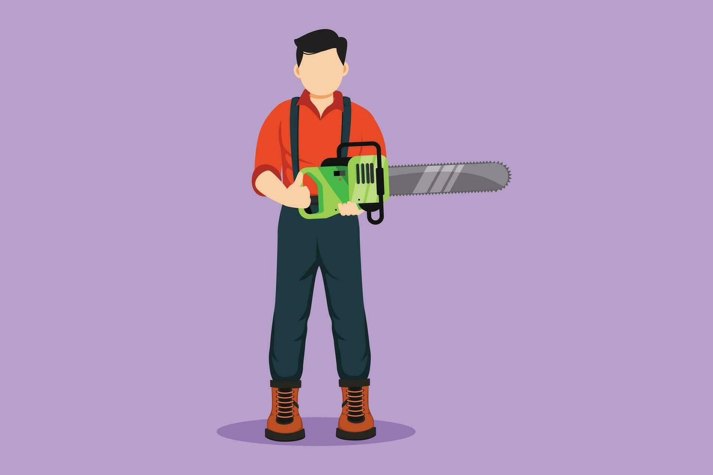 gráfico plano diseño dibujo de estilizado leñador hombre con ropa de trabajo y motosierra vistiendo camisa, pantalones y botas. leñador actitud en el Inicio sesión bosque logo, símbolo. dibujos animados estilo vector ilustración