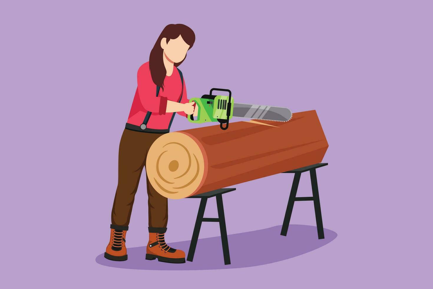 Character flat drawing sawmill concept with chainsaw on chair. Professional woman lumberjack cutting tree by chainsaw for further processing. Global deforestation. Cartoon design vector illustration
