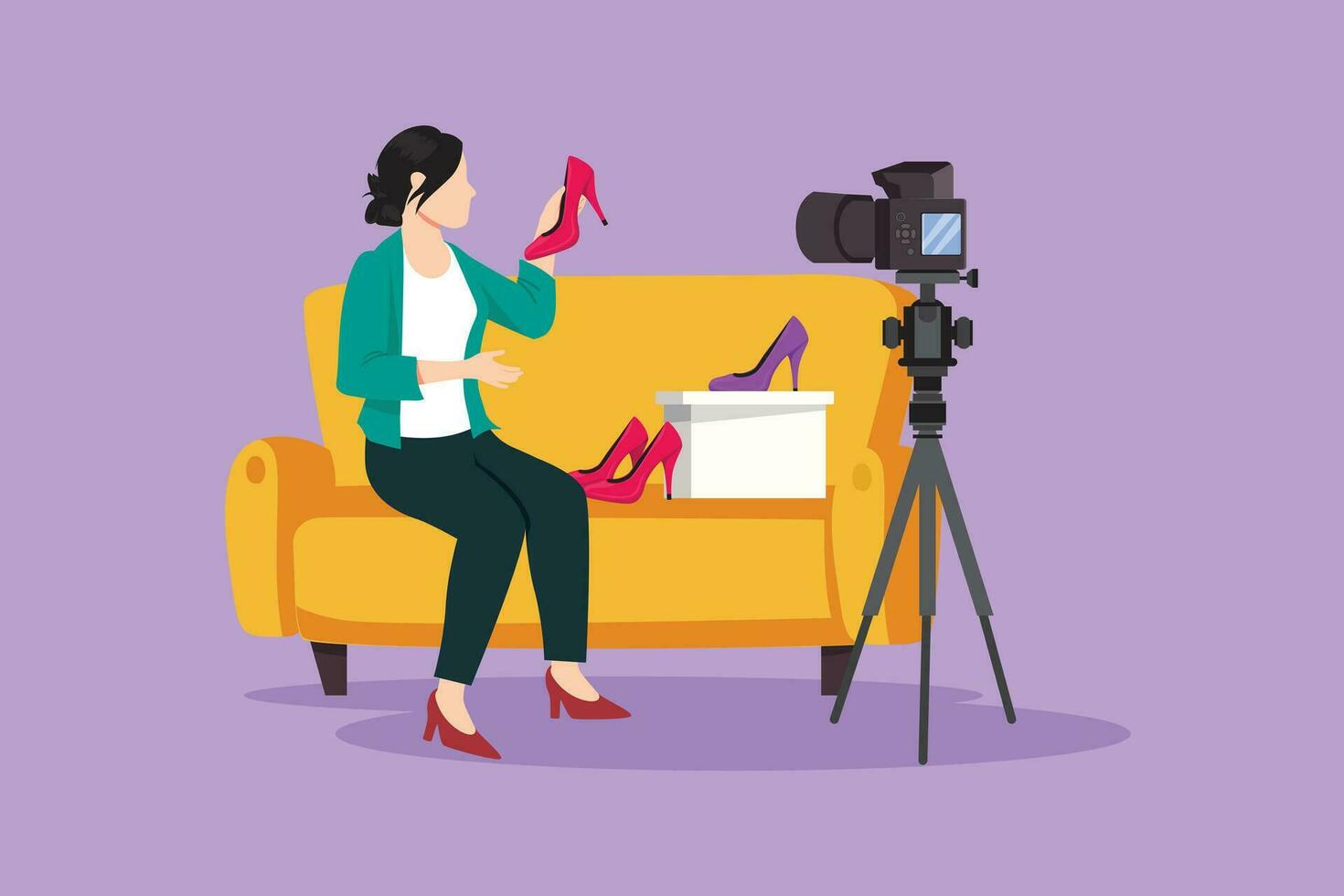 Graphic flat design drawing stylish beauty blogger woman is sitting at sofa, reviewing heels shoe in her hands while recording video with digital camera and tripod. Cartoon style vector illustration