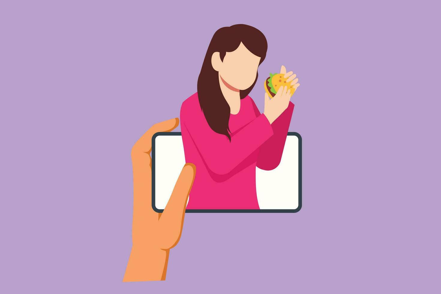 Cartoon flat style drawing beautiful woman food blogger eating burger while creating new content video for her channel by using smartphone. Food review blogger logo. Graphic design vector illustration