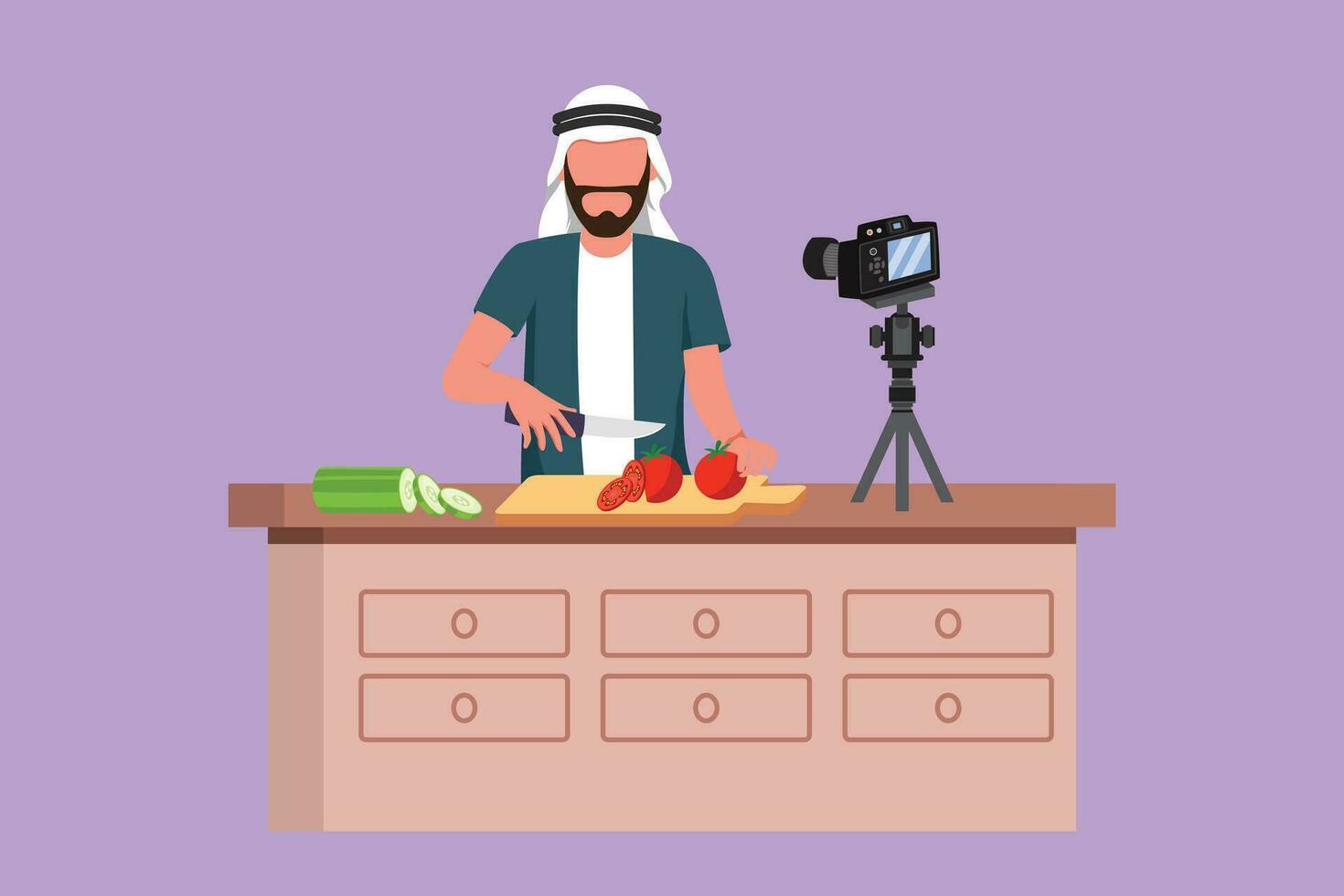 Character flat drawing young Arabian chef standing in kitchen and cutting onion while filming himself for blog channel. On kitchen counter are vegetables and spices. Cartoon design vector illustration