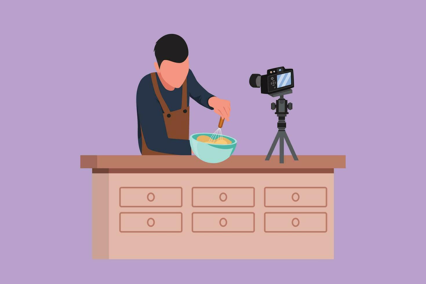 gráfico plano diseño dibujo vegano hombre. vegetariano comida bloguero, chico remover y cocinar vegetal ensalada. en línea culinario colegio tutoriales, comidas preparación vlog logo icono. dibujos animados estilo vector ilustración