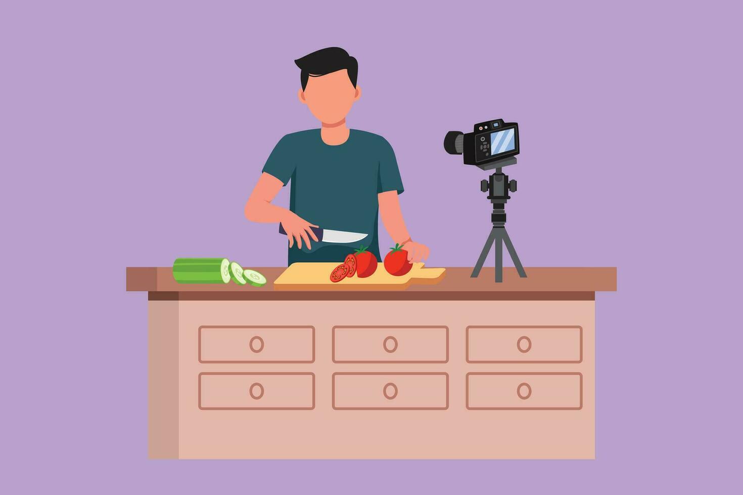 Character flat drawing of young man chef in uniform standing in kitchen and cutting onion while filming himself for blog. On kitchen counter are vegetables, spices. Cartoon design vector illustration