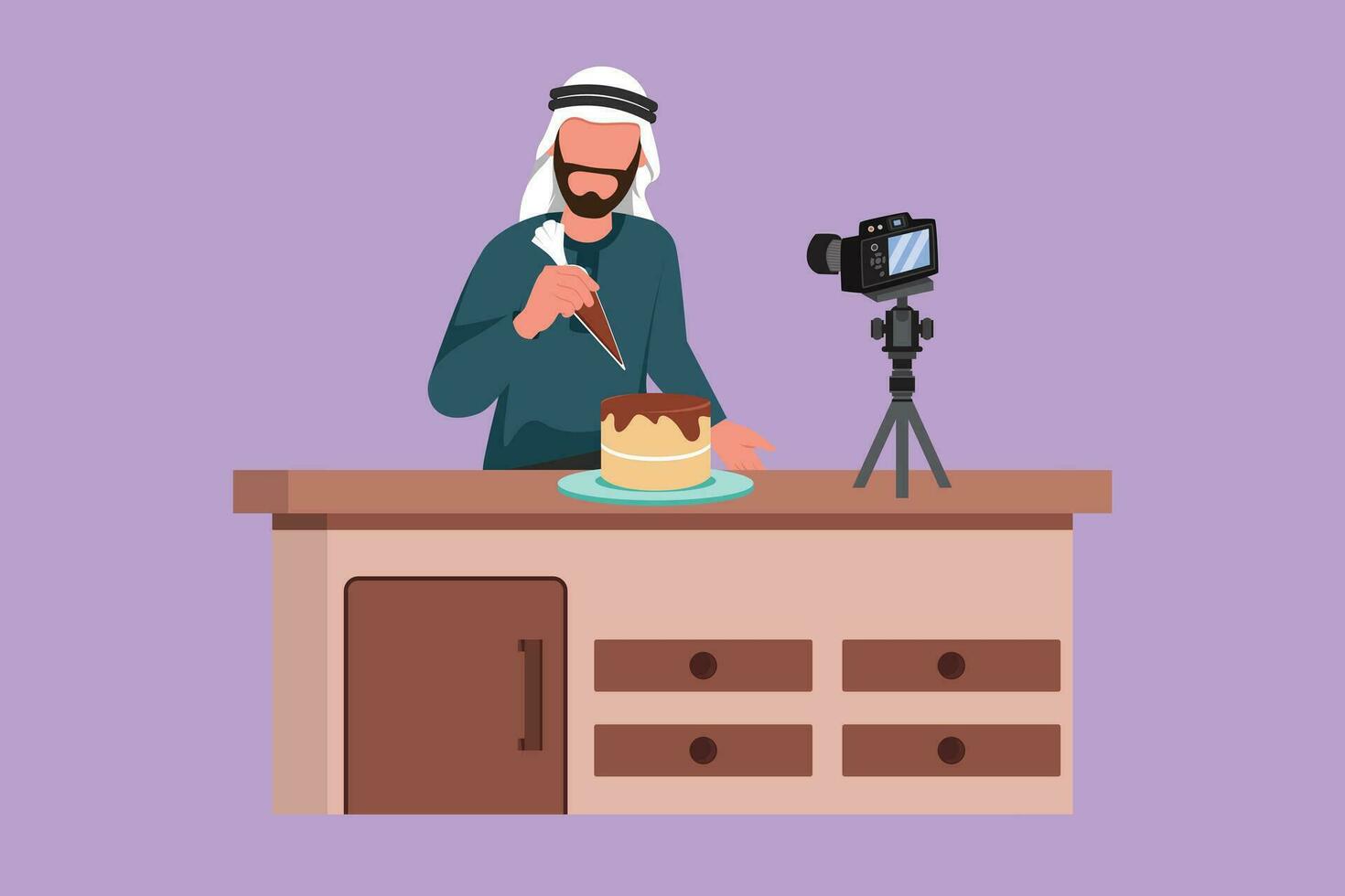 Graphic flat design drawing young male food blogger creating content. Arab man shooting cooking video using camera on tripod. Chef baking, decorating cake at kitchen. Cartoon style vector illustration