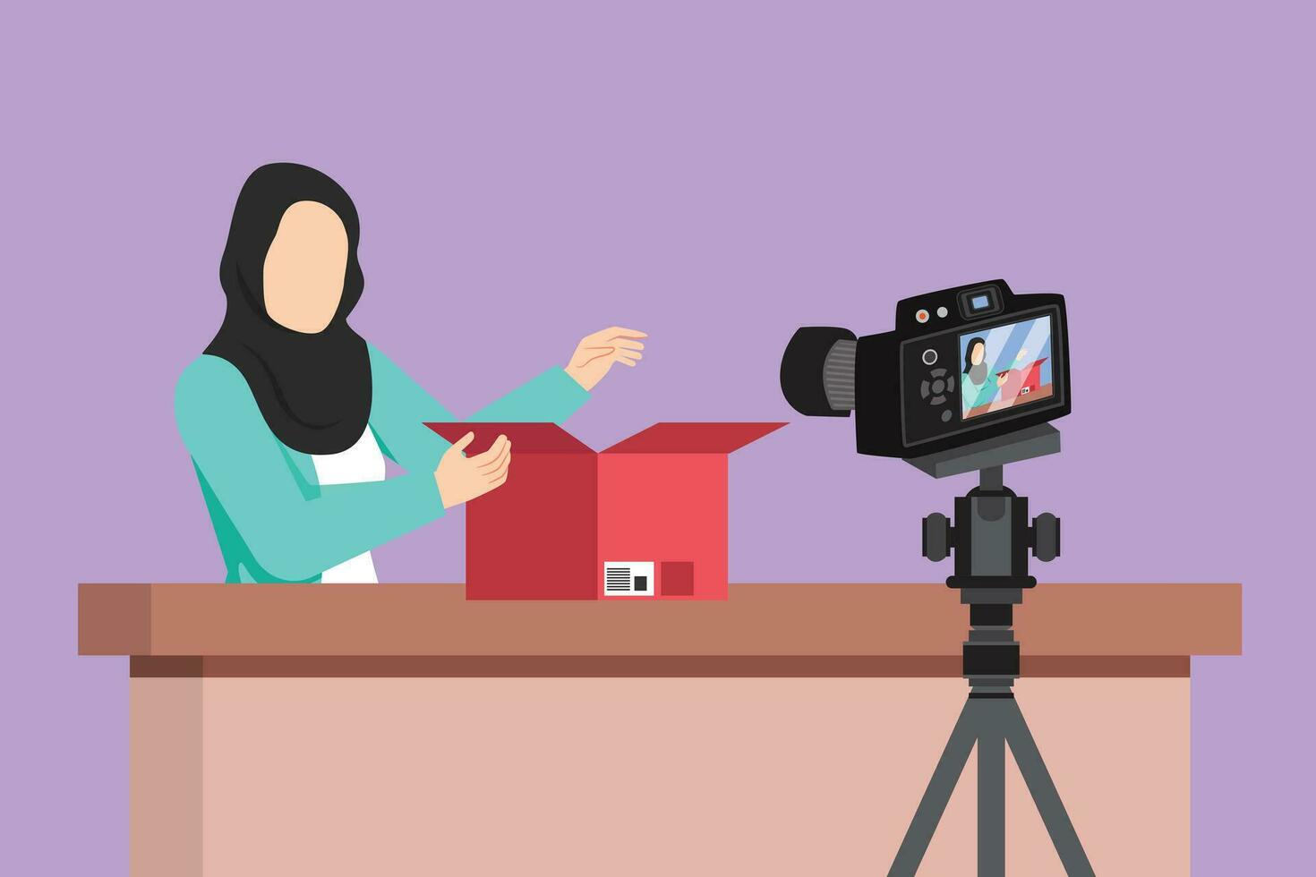 Cartoon flat style drawing beauty Arabic female show unboxing received package in live at home. Beautiful woman vlogger unboxing product, recording review on camera. Graphic design vector illustration