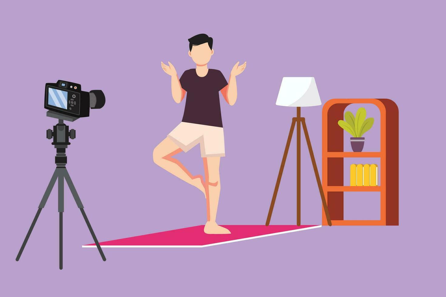 Character flat drawing young active man doing exercise or workout on mat with camera. Shooting video for blog on video camera. Online training symbol. Sport at home. Cartoon design vector illustration