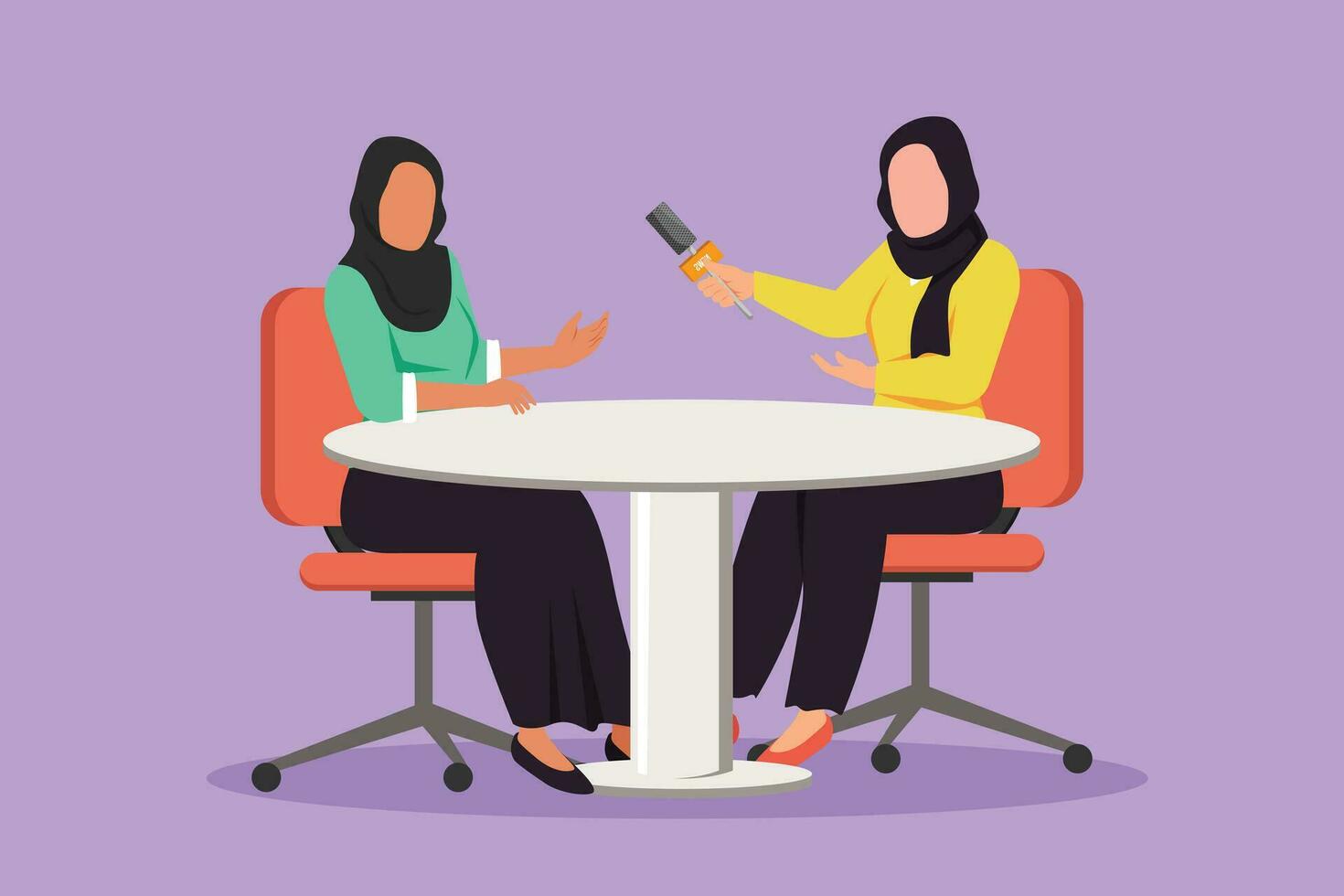Cartoon flat style drawing talk show program at studio with interviewing, discussing host. People recording tv program, Arab woman journalist questioning guest star. Graphic design vector illustration