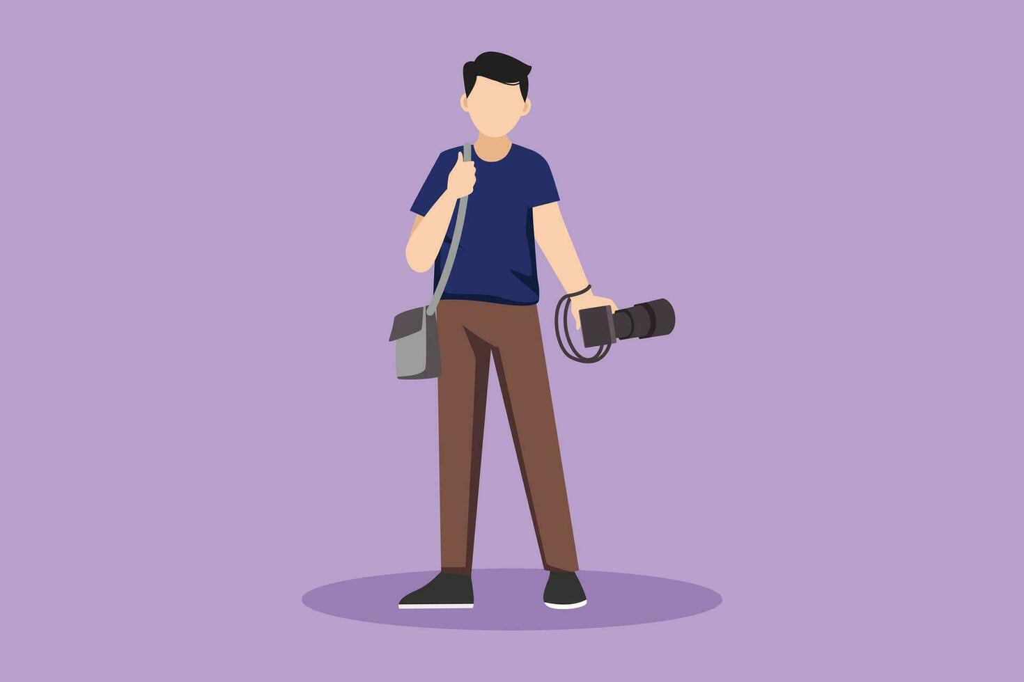 Cartoon flat style drawing young male photographer standing and holding camera with bag in photo studio. Photographer using professional camera for taking pictures. Graphic design vector illustration