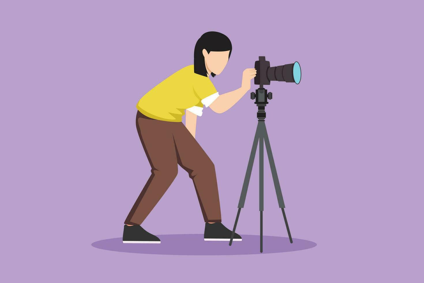 Character flat drawing super equipment female photographer. Beautiful woman holding and aiming cameras with standing tripod, carrying accessories for photographing. Cartoon design vector illustration