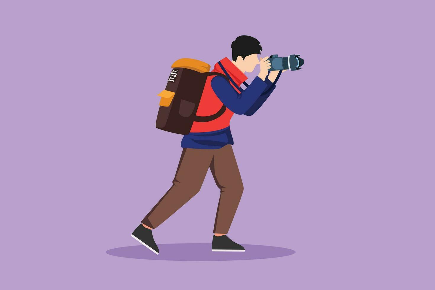 Graphic flat design drawing active male journalist or reporter with backpack making pictures. Man photographers of paparazzi taking photo with digital cameras dslr. Cartoon style vector illustration