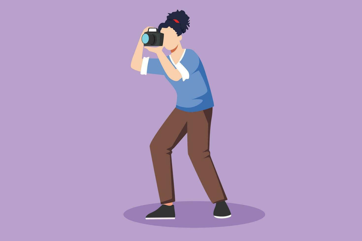 Graphic flat design drawing beautiful woman photographer taking photo pose. Camera and professional operator, correspondent woman. Female with camera making pictures. Cartoon style vector illustration