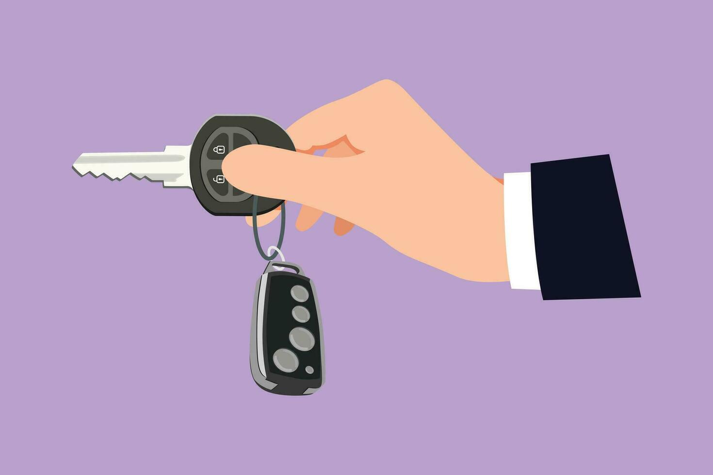 Cartoon flat style drawing hand holding car key and alarm system logo, icon. Male hand holding car key with alarm keychain. Hand of car salesman manager holding key. Graphic design vector illustration