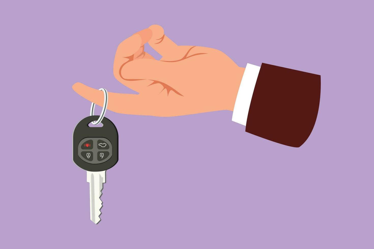 Cartoon flat style drawing hand holding hanging car key and alarm system. Hand holding car key with alarm keychain. Hand of car salesman manager holding key symbol. Graphic design vector illustration