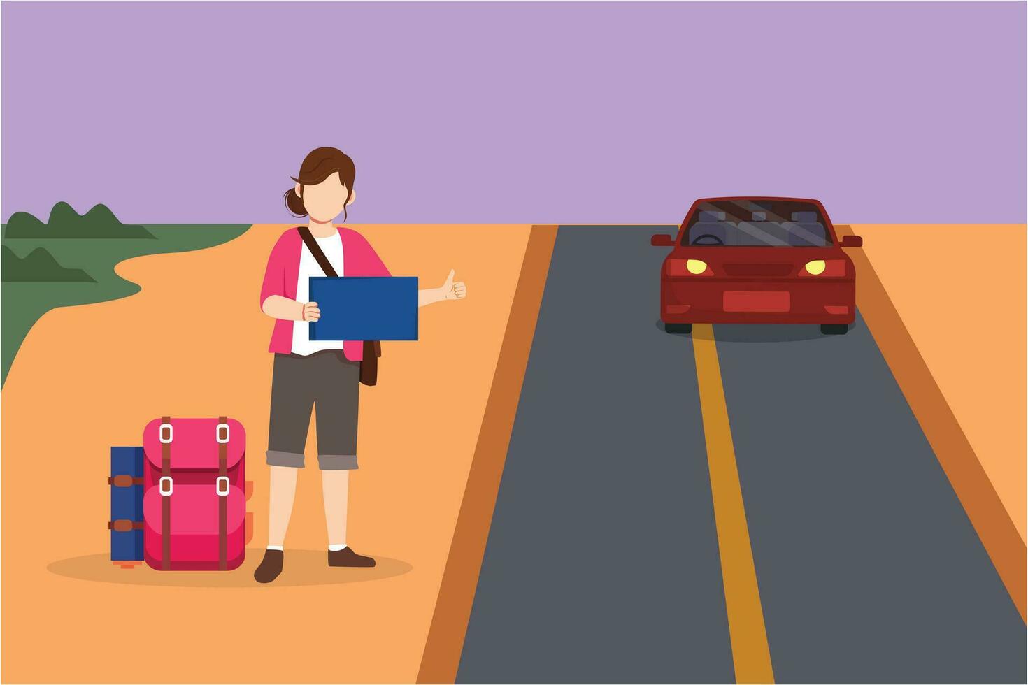 gráfico plano diseño dibujo joven mujer con equipaje y pulgares arriba esperando para coche por borde del camino. autoestop la carretera viajar. vacaciones, día festivo, y viaje concepto, símbolo. dibujos animados estilo vector ilustración