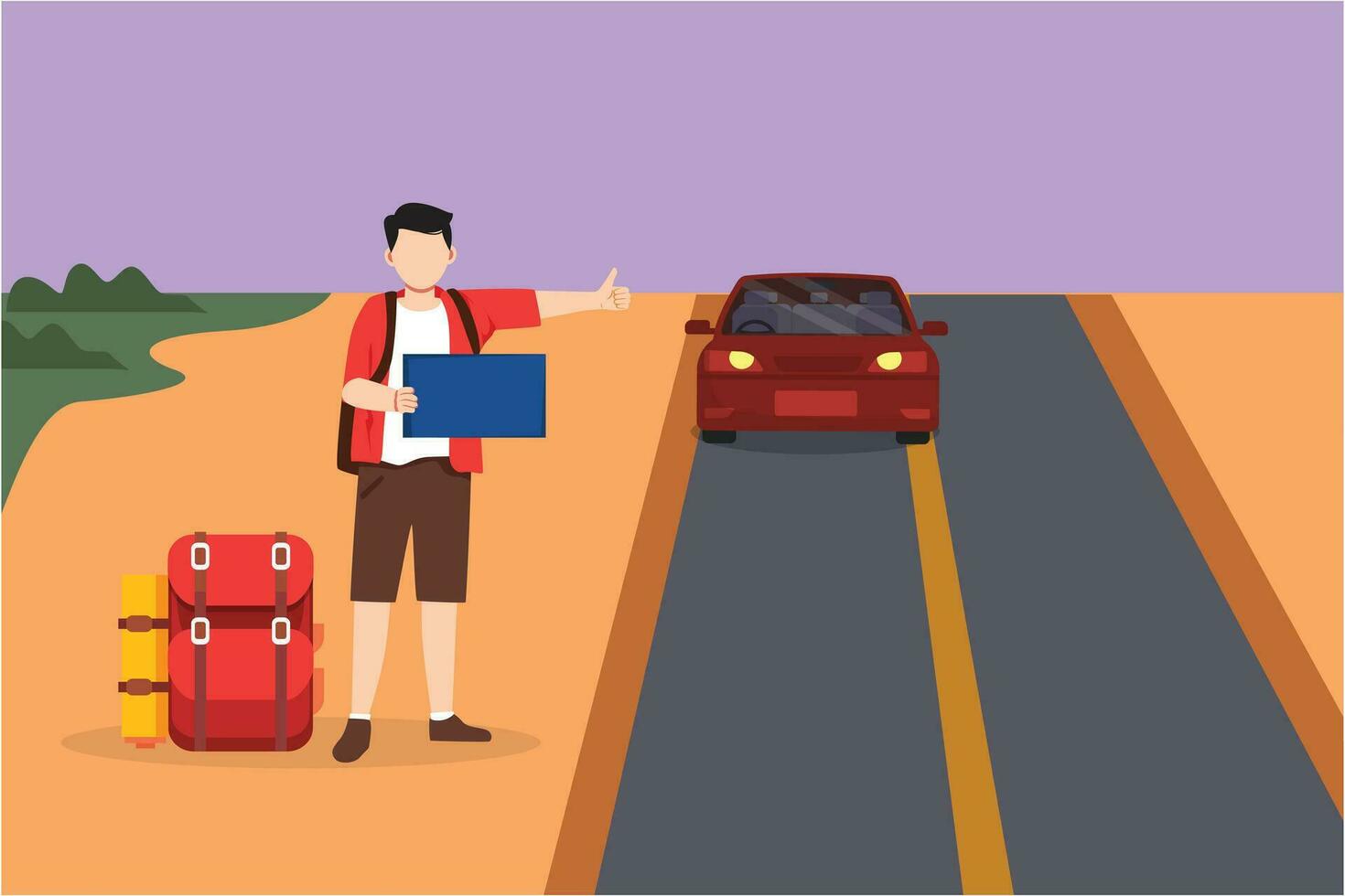 personaje plano dibujo autoestop hombre con equipaje y pulgares arriba esperando para coche por borde del camino. joven masculino pulgar o enganchar conducir. vacaciones, fiesta y viaje icono. dibujos animados diseño vector ilustración