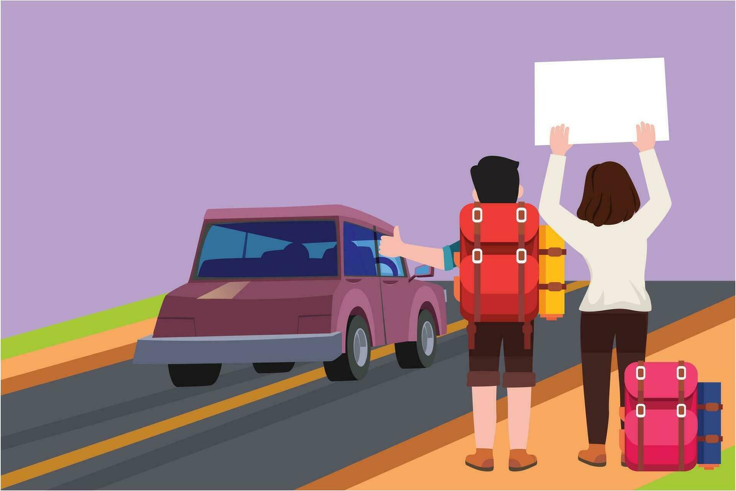 Cartoon flat style drawing back view of happy couple tourists with backpacks, camping stuff hitchhiking on road and thumbing car. Hiking and adventure icon concept. Graphic design vector illustration