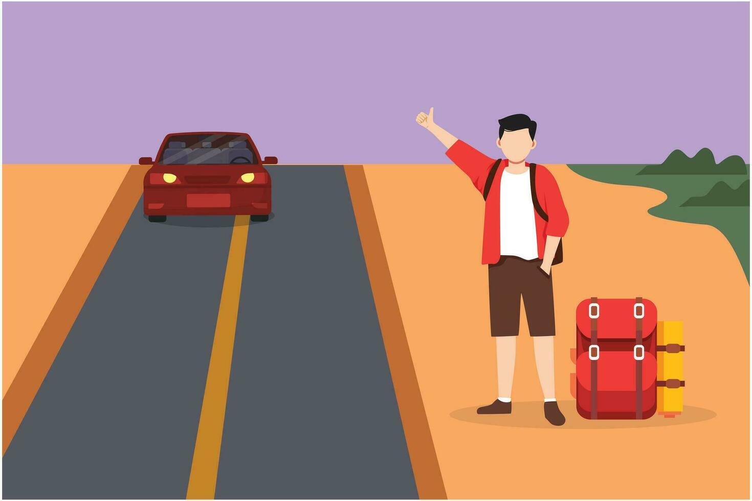 Cartoon flat style drawing hitchhiking man with luggage and thumbs up waiting for car by roadside. Smiling man thumbing or hitching ride. Vacation, holiday and trip. Graphic design vector illustration