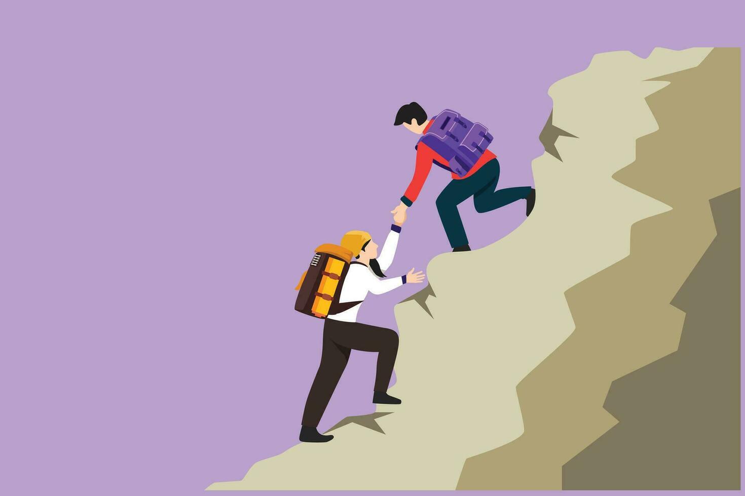 Graphic flat design drawing group of people man and woman helping each other hike up a mountain. Business, success, leadership, achievement and goal concept, symbol. Cartoon style vector illustration
