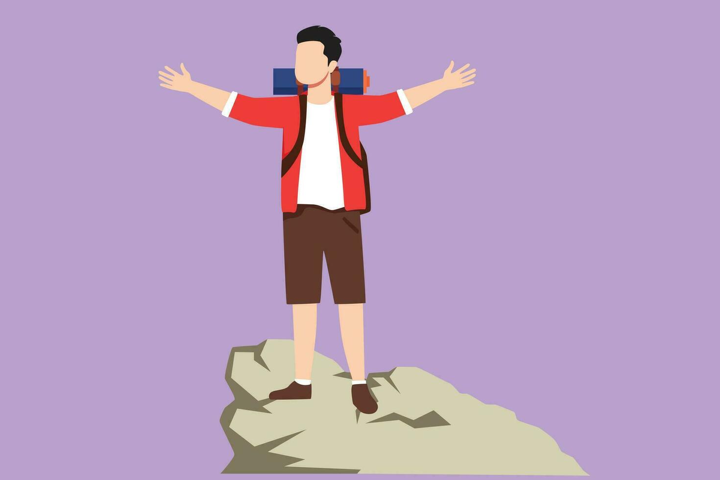 Graphic flat design drawing successful climber man stands with arms outstretched on top of mountains. Male raised his hands up in joy. Achieving success. Guy power. Cartoon style vector illustration