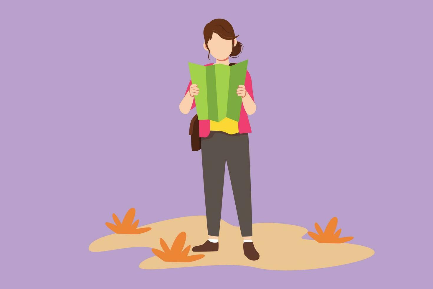 Cartoon flat style drawing beautiful woman hiker with map exploring forest. Female hiker success outdoor recreation and climbing peak. Nature exploration adventure. Graphic design vector illustration