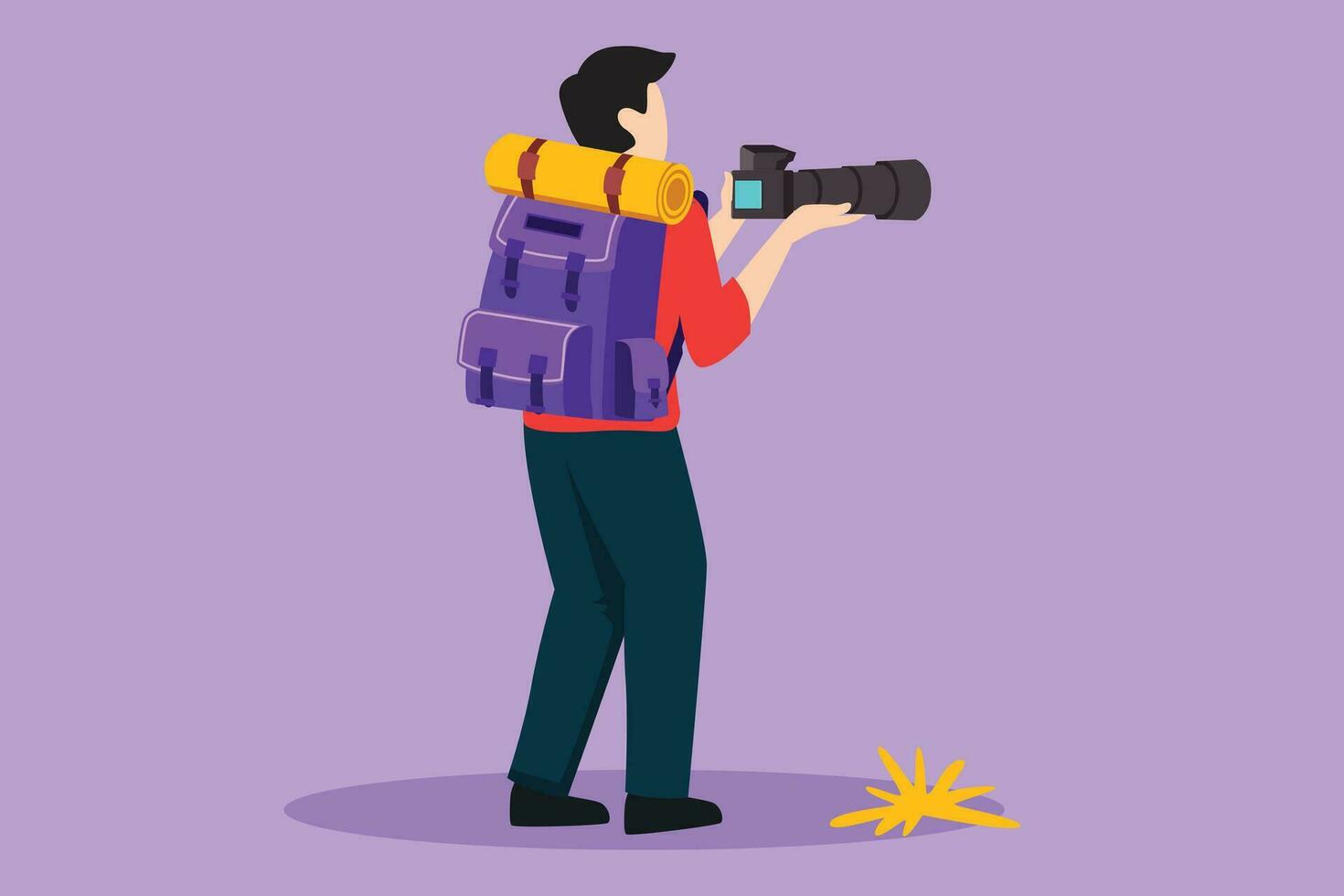 Graphic flat design drawing back view of young male tourist holding camera looking for image. Stands with backpack among tropical ground. Nature and travel concept. Cartoon style vector illustration