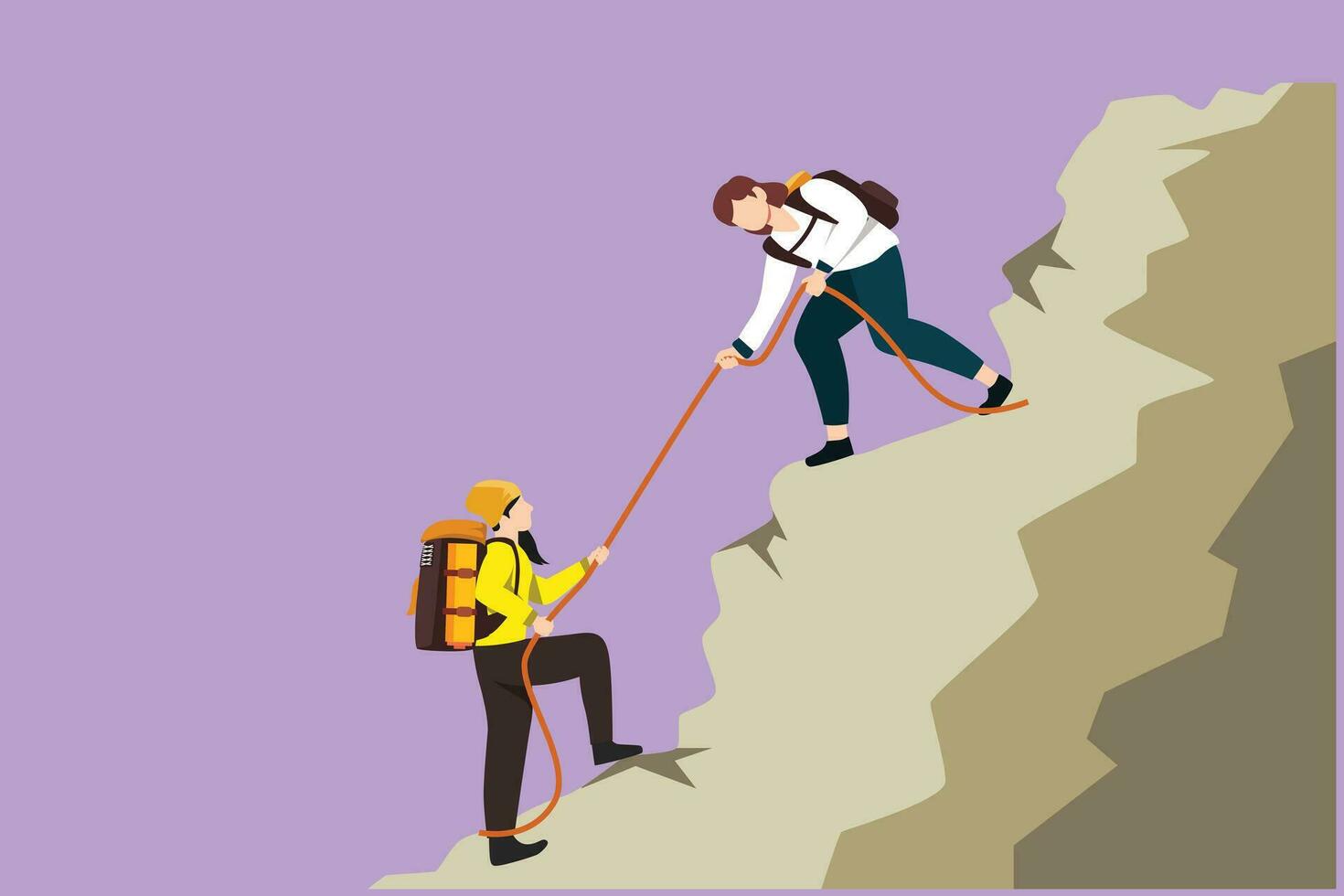 Graphic flat design drawing two women hikers climbing up mountain and helping to each other with rope. Business, leadership, achievement and goal concept, logo, icon. Cartoon style vector illustration