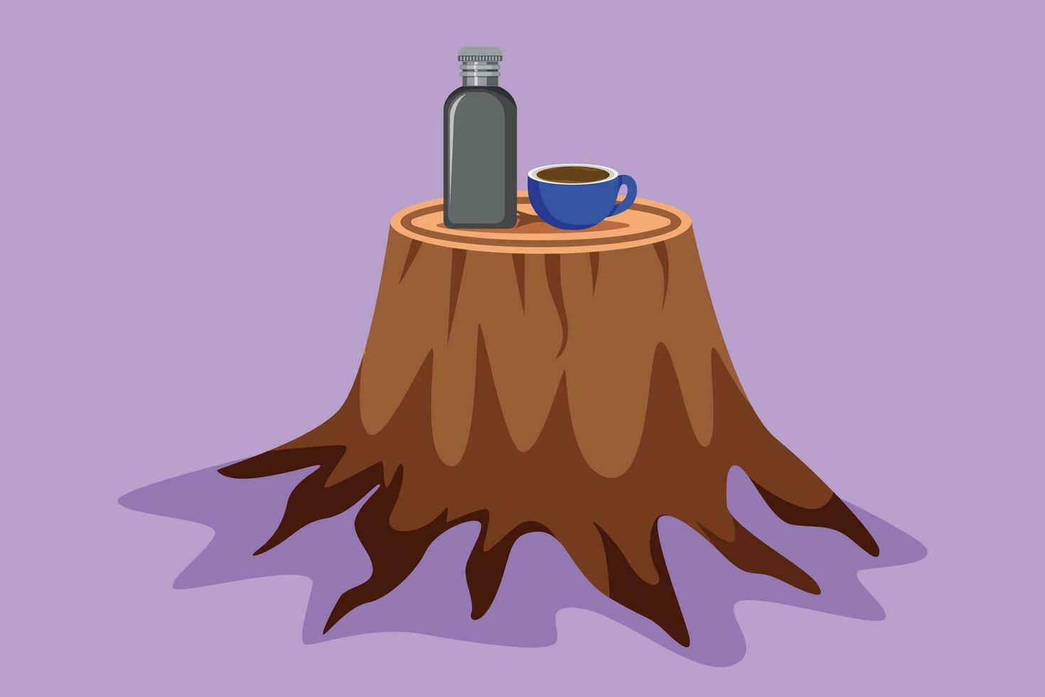 Graphic flat design drawing stylized thermos mug with hot drink on log table. Steam comes from the mug. Vacuum thermos stands on tree stump in the wild logo, symbol. Cartoon style vector illustration