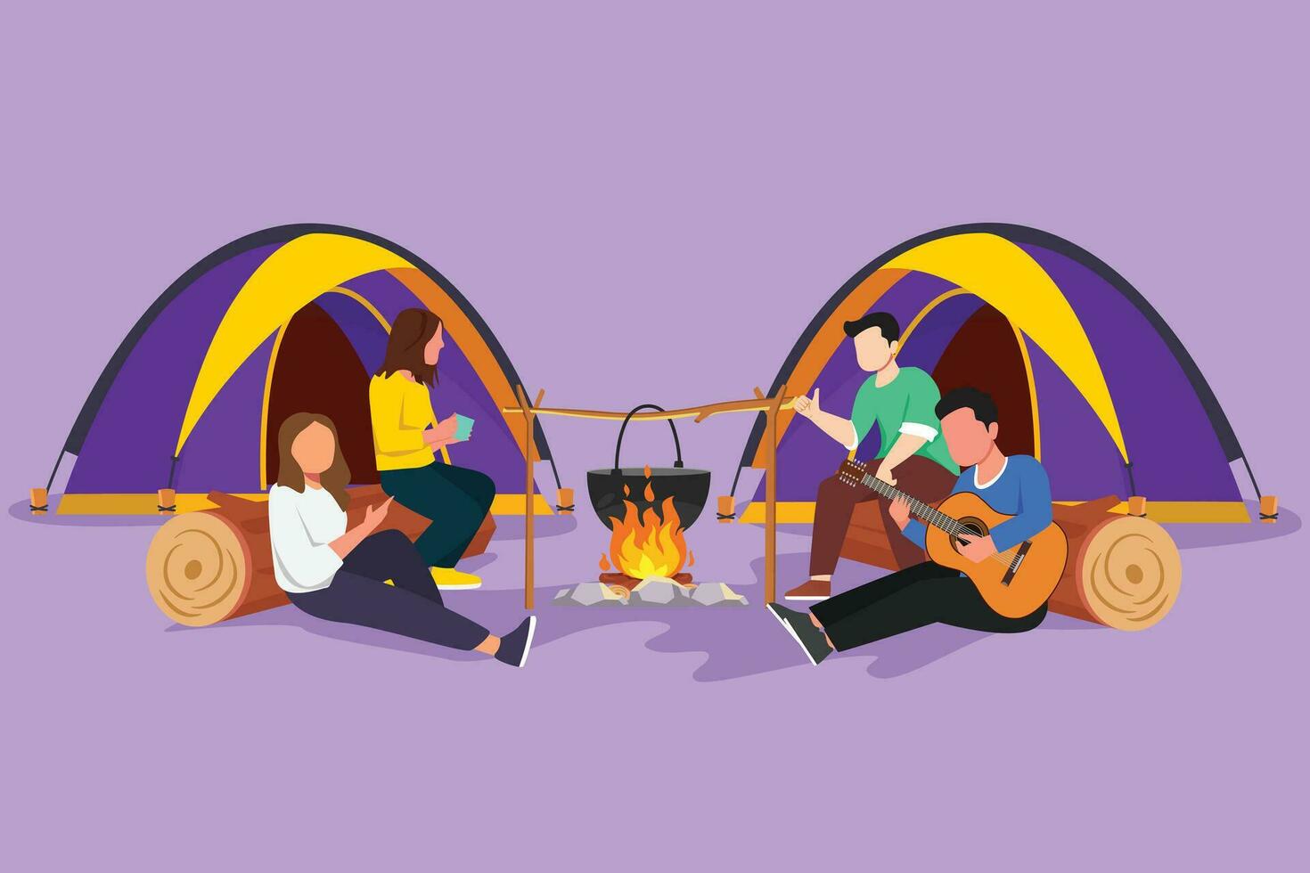 Cartoon flat style drawing two pair man woman hiker sitting on log cooking water in boiling pot. Guy playing guitar and sing with friends at campfire near camp tent. Graphic design vector illustration