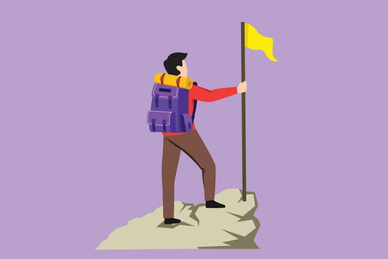 Character flat drawing back view of climber in uniform with flag on snowed mounts peak logo, icon. Happy man climber reached mounts summit enjoying picturesque view. Cartoon design vector illustration