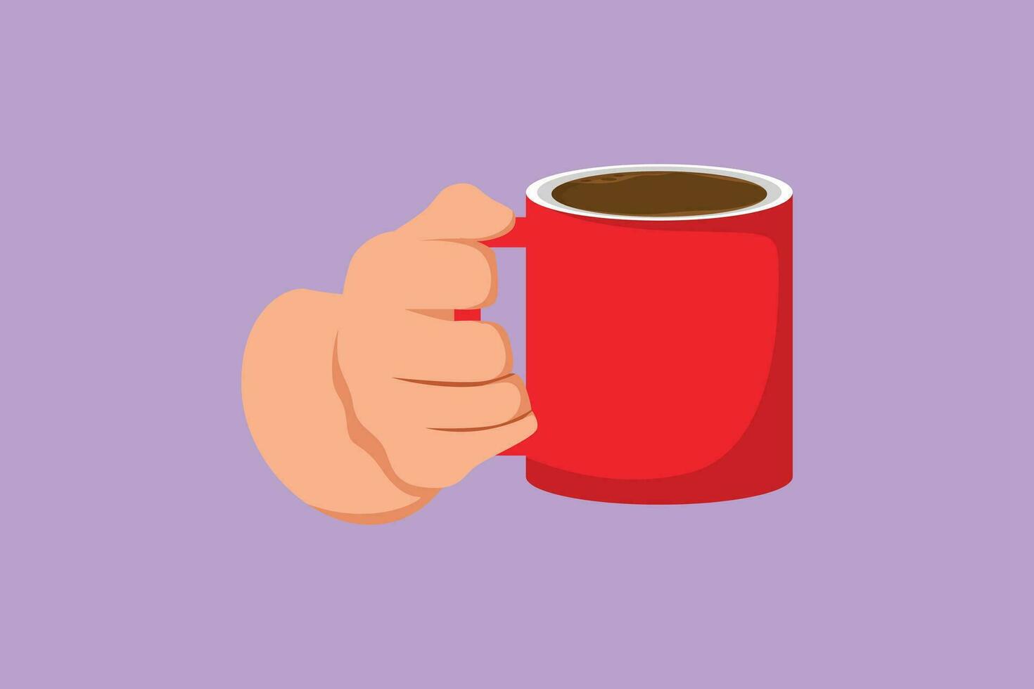 Cartoon flat style drawing hand holds a hot chocolate mug by the handle. Relax time in the morning. Human hand is holding a ceramic cup with coffee or tea at home. Graphic design vector illustration