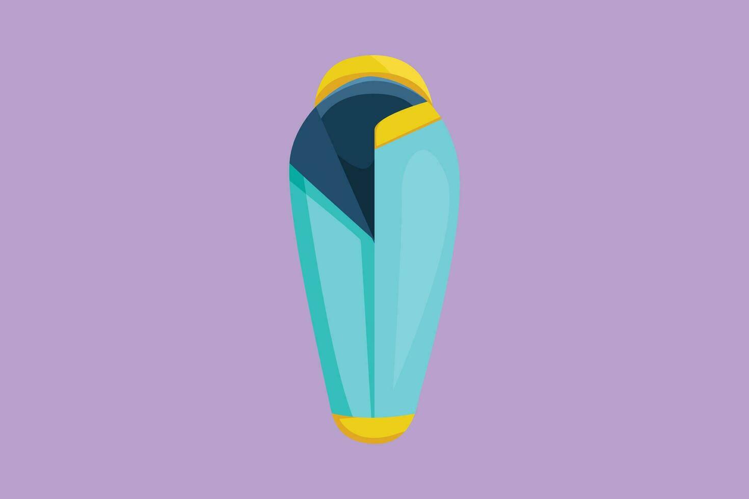 Character flat drawing sleeping bag spread out, ready to use. Packed in roll, compressed by bag. Camping equipment for sleep. Picnic, holiday, travel inventory logo. Cartoon design vector illustration