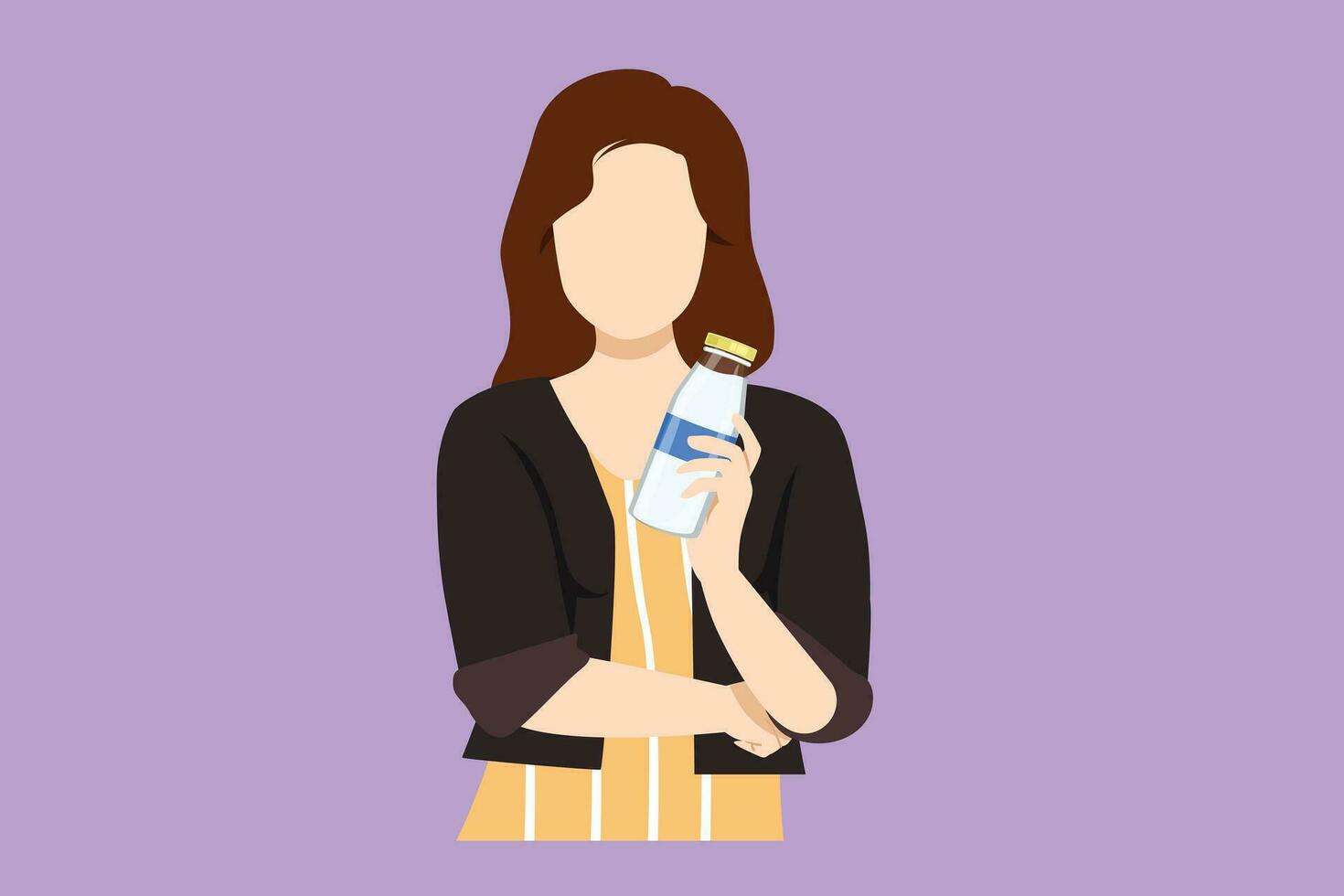 Graphic flat design drawing cheerful woman holds bottle of fresh almond milk shows healthy vegetarian product smiles happily. Food nutrition and healthy fresh milk. Cartoon style vector illustration