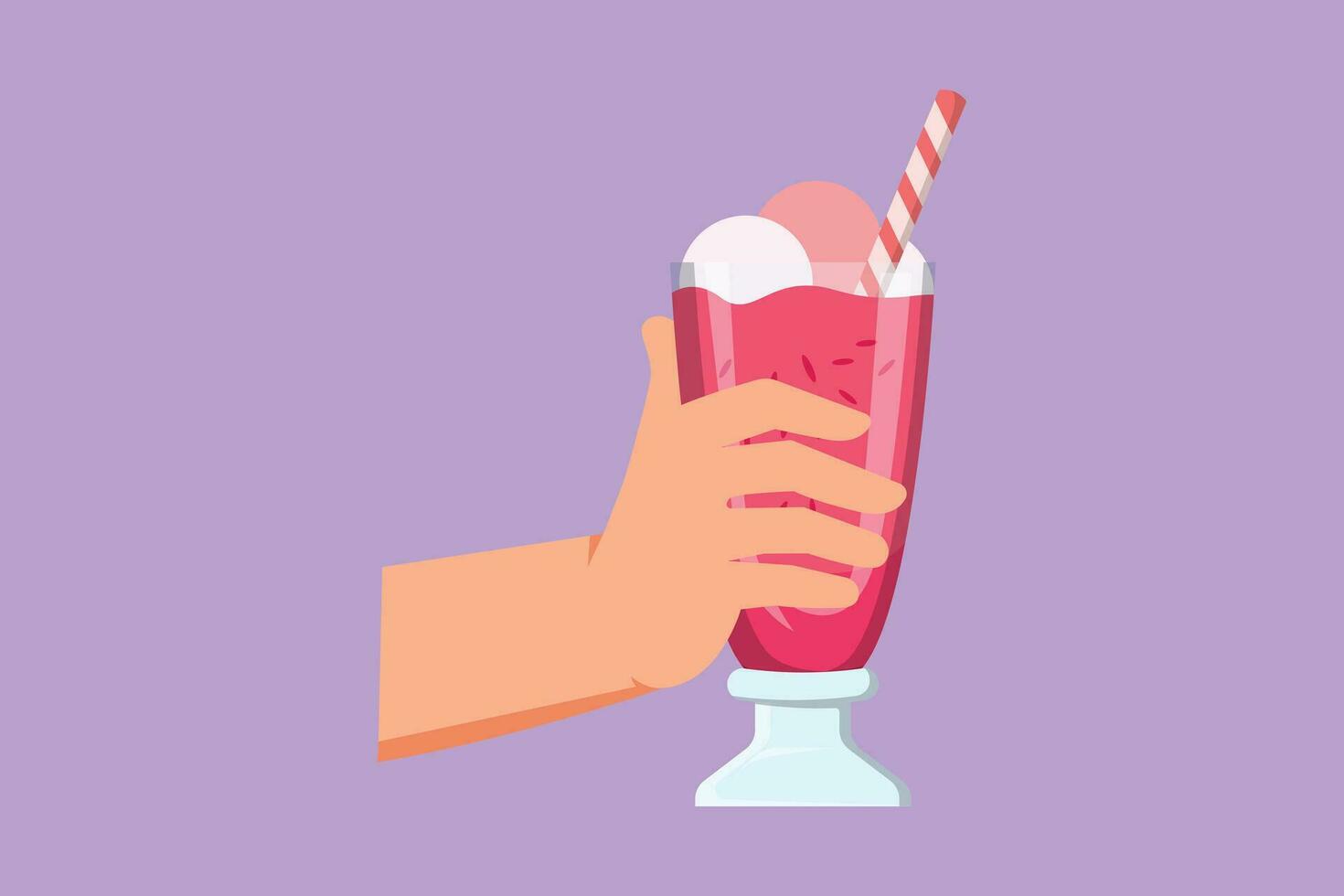 Cartoon flat style drawing hand holds big glass milkshake with a whipped cream, with a straw and slice of orange. Sweet beverage in glass logo, icon, label, symbol. Graphic design vector illustration