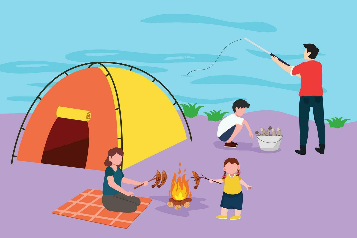 Character flat drawing happy family camping logo. Mother roasting fish with daughter for meal. Father catching fish with son. Summer camper travel vacation concept. Cartoon design vector illustration