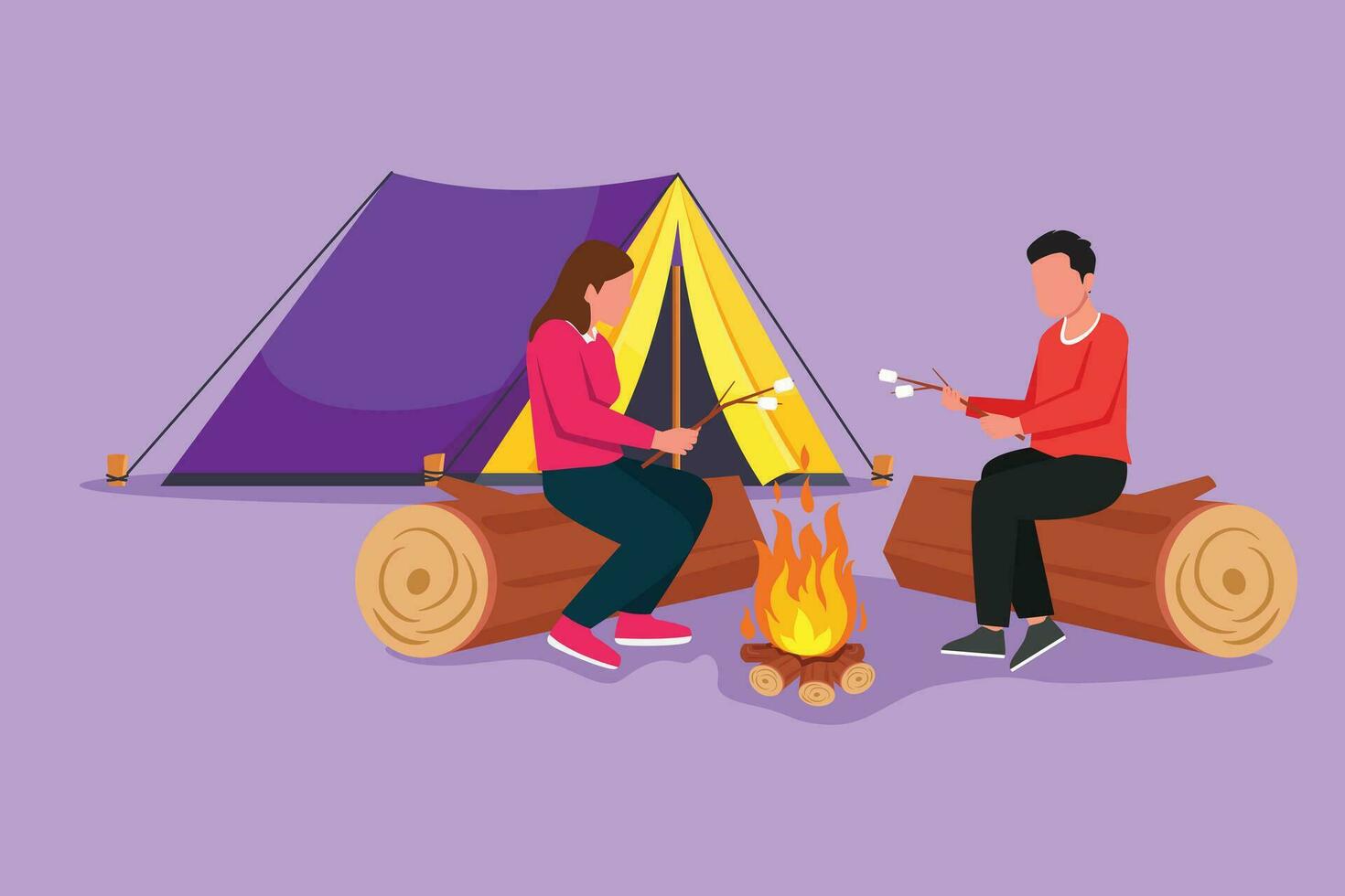 Character flat drawing happy romantic couple summer camp. Man and woman sitting by fireplace on log. Bonfire with marshmallow. Outdoor vacation in forest logo icon. Cartoon design vector illustration
