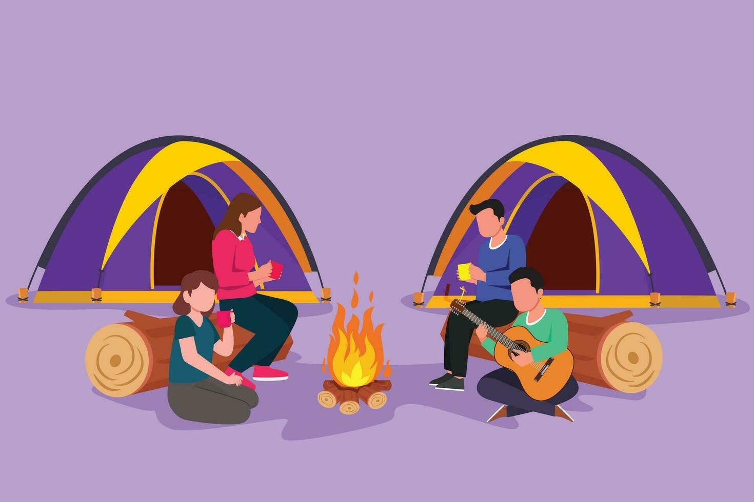 Graphic flat drawing of two couple camping around campfire tents. Group of people sitting on ground, drinking hot tea, man playing guitar, getting warm near bonfire. Cartoon style vector illustration