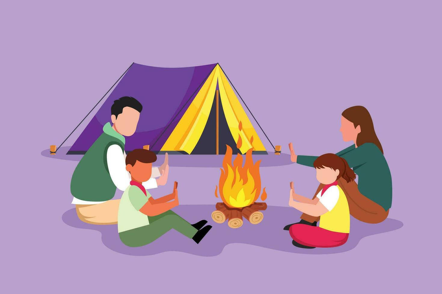 Character flat drawing happy camping or hiking family warm their bodies around campfire tents. Dad, son, mom and daughter sitting on ground. Night camping adventure. Cartoon design vector illustration